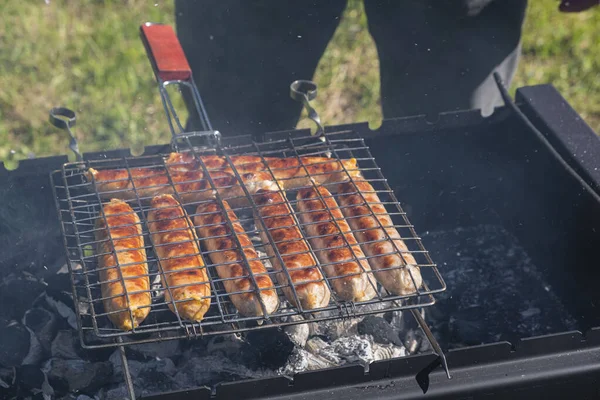 炭火でソーセージを焼く 自然の中で夏のピクニック バーベキューBbqグリル伝統的なドイツのブラットウストホットドッグ — ストック写真