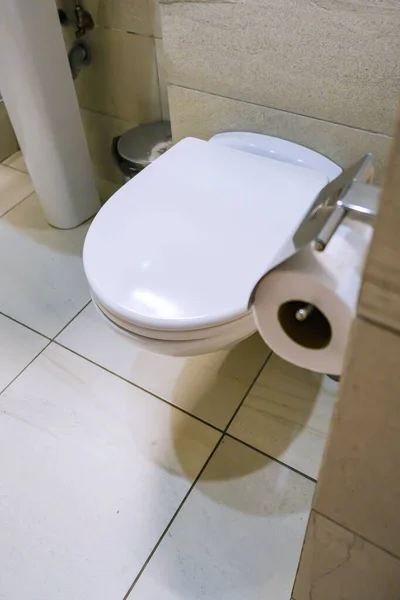 壁にタイルとトイレットペーパーが付いたモダンなホテルの家庭用バスルームの白い掛け布団のトイレ席 浴室の高級スパのインテリア — ストック写真