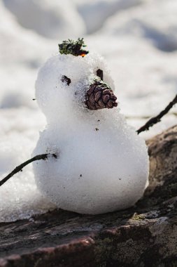 Kış ormanlarındaki küçük kardan adam koni burunlu