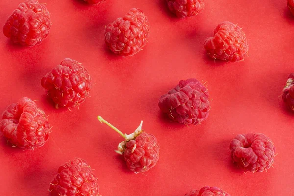Ripe organic  raspberry  with worm fruits, healthy pile of summer berries  top view. Pattern flat lay of red scarlet raspberry on pink background.