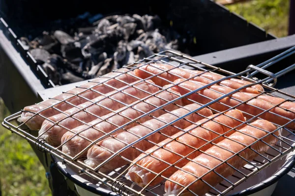 Embutidos Crudos Parrilla Parrilla Carbón Picnic Verano Naturaleza Barbacoa Parrilla —  Fotos de Stock