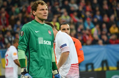 Lviv, Ukrayna - Nis 28: Andriy Pyatov eylem sırasında yarı 