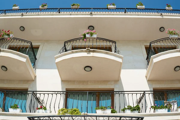 Low angle view of hotel balconies in Balchik, Varna province
