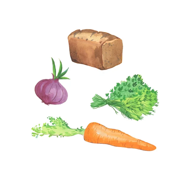 Aquarellprodukte - Brot und Gemüse — Stockfoto