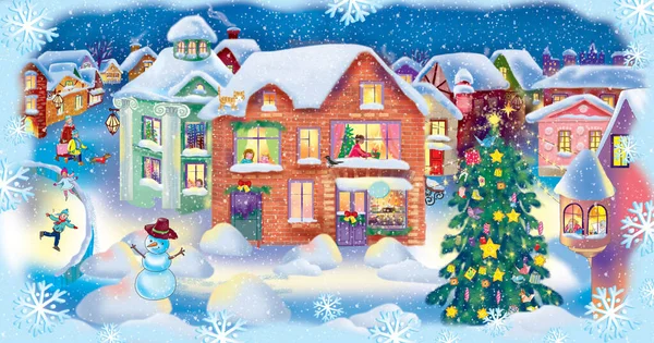 圣诞插图 一个晚上的欧洲城市 窗户明亮 屋顶被雪覆盖 圣诞树林立 — 图库照片