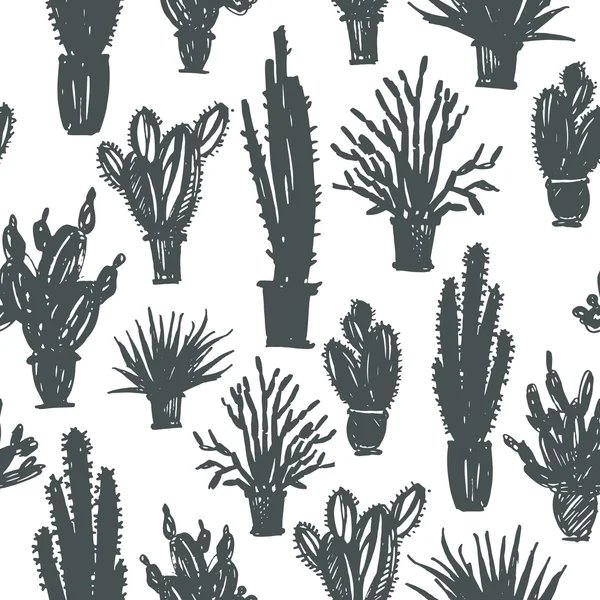 Modèle sans couture avec cactus dessiné à la main dans un pot . — Image vectorielle