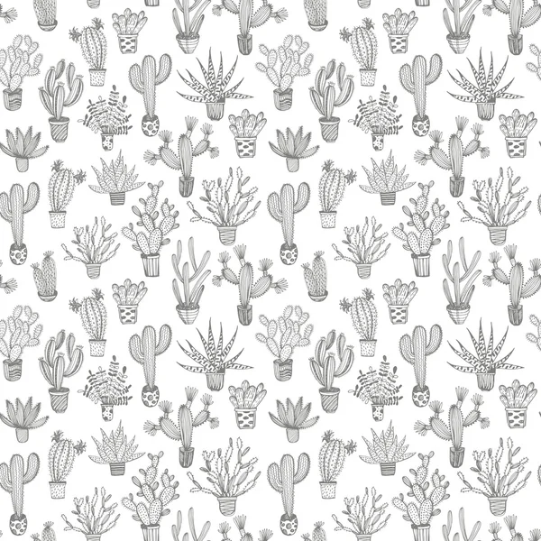 Seamless pattern with hand drawn cactus in a pot. — Stock Vector