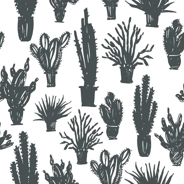 Seamless pattern with hand drawn cactus in a pot. — Stock Illustration Seamless pattern with hand drawn cactus in a pot. Royalty Free Stock Vectors