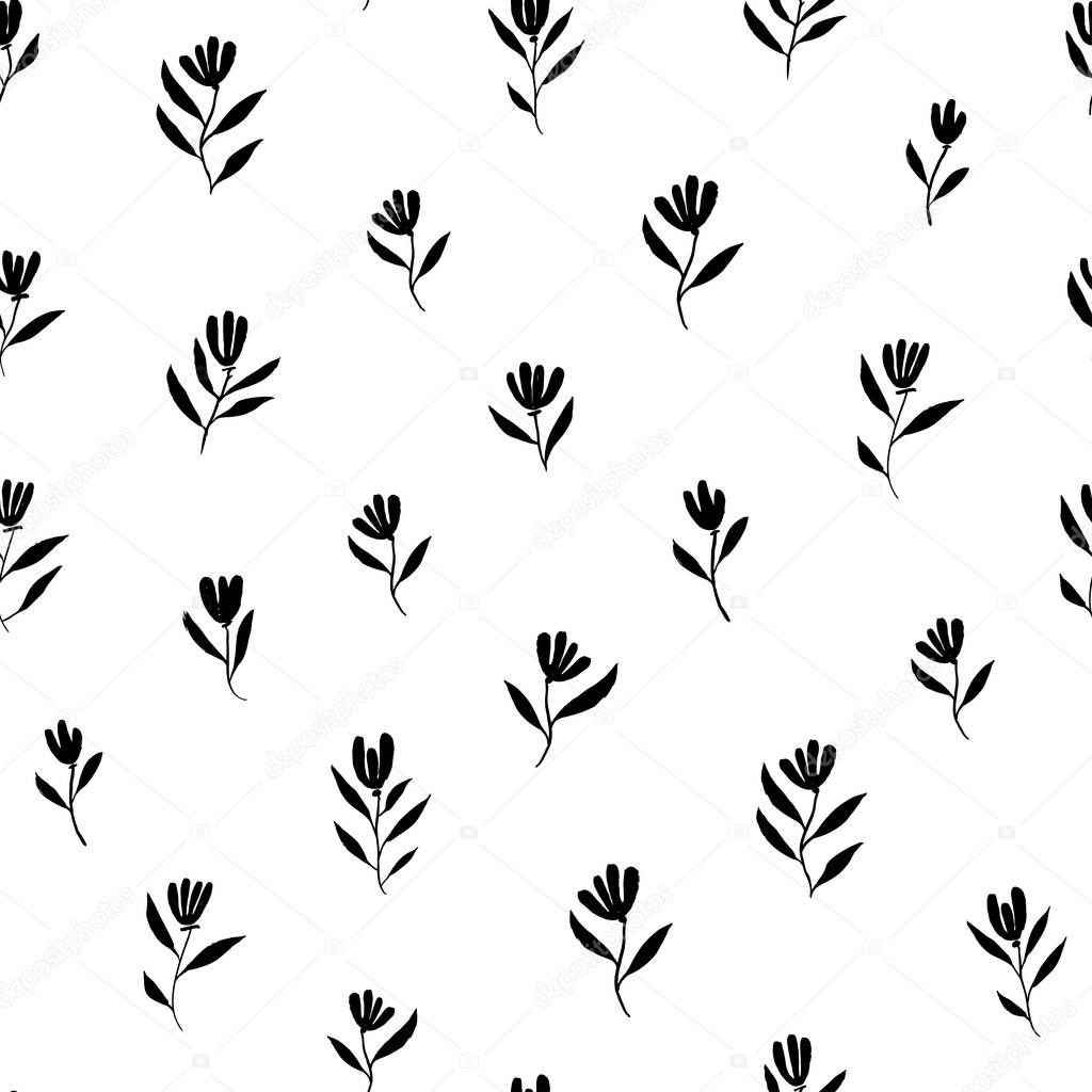 Brush black simple flowers vector seamless pattern