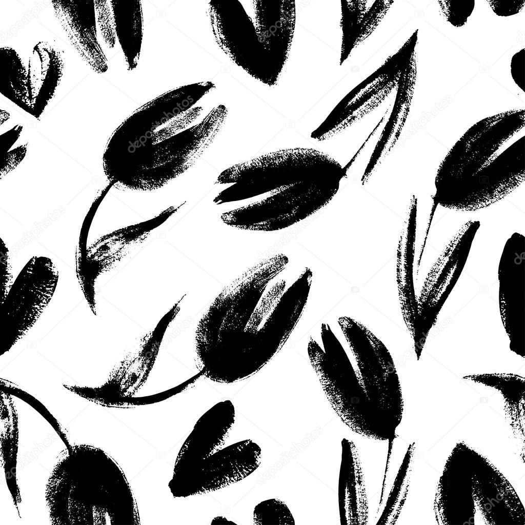 Seamless pattern with tulip hand drawn painting. Dry brush. Ink
