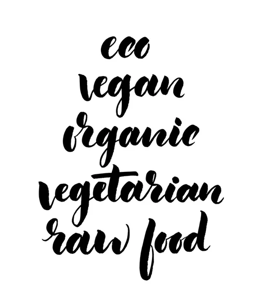 Palavras escritas à mão - orgânico, eco, alimentos crus, vegan, vegetariano . — Vetor de Stock