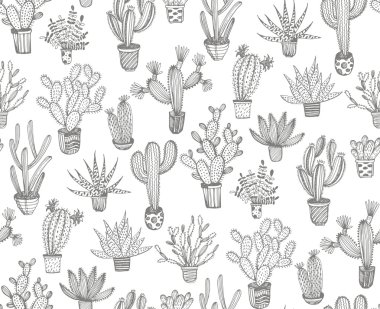 hand drawn cactuses in a pots.