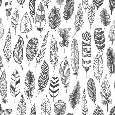 elle çizilmiş dekoratif tüyleri ile Seamless Modeli. 