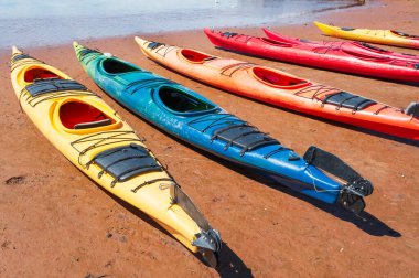 Kuzey Rustico, Prens Edward Adası, Kanada 'nın tarihi balıkçı köyündeki kırmızı kumtaşı plajında çok renkli kanolar.