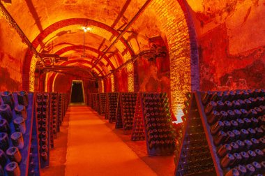 Fransa 'nın Champagne bölgesindeki tarihi Roma tebeşir mahzenlerinde tozlu, yıllanmış şampanya şişeleri.