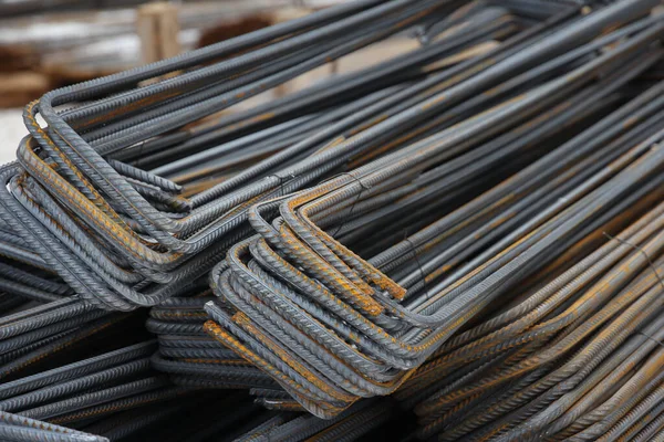 Steel rods for construction. Metal for concrete base. Close up of iron rods used for construction