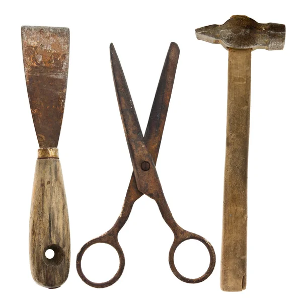 Herramientas viejas aisladas: tijeras, espátula, martillo — Foto de Stock