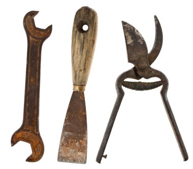 eski izole araçları: macun bıçak, İngiliz anahtarları, makaslar, metal için