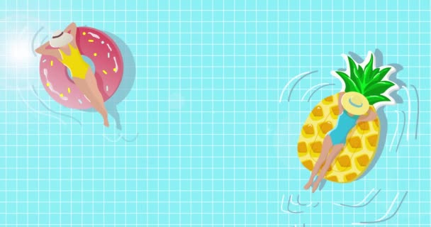 Animação de desenhos animados de meninas bonitos nadando em uma piscina de verão. — Vídeo de Stock