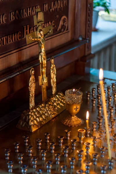 Candele Accese Nella Chiesa Ortodossa Cristianesimo Icona Religione Simbolo Fede — Foto Stock