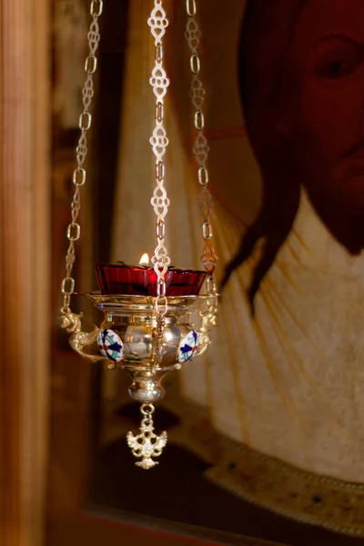 Иконная Лампа Перед Иконой Православной Церкви Крытый Дневной Свет Вид — стоковое фото