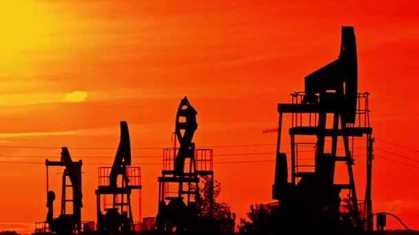 日の出の大油田のオイルポンプのシルエット — ストック動画