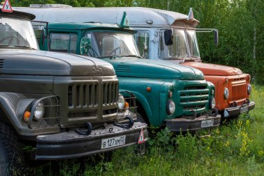 Trucks training in yard of driving school. Bashkortostan, Russia - 12 June, 2021.