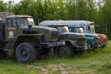 Trucks training in yard of driving school. Bashkortostan, Russia - 12 June, 2021.