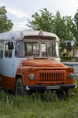 GAZ bicolor bus training vehicle . Bashkortostan, Russia - 12 June, 2021.