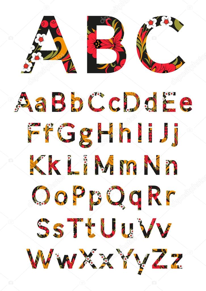 engels alfabet in stijl chochloma. vectorillustratie — stockvector