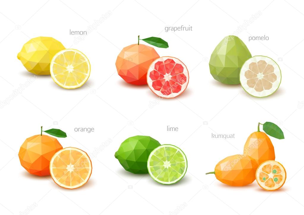 Set of polygonal citrus fruit lemon, grapefruit, pomelo, orang ⬇