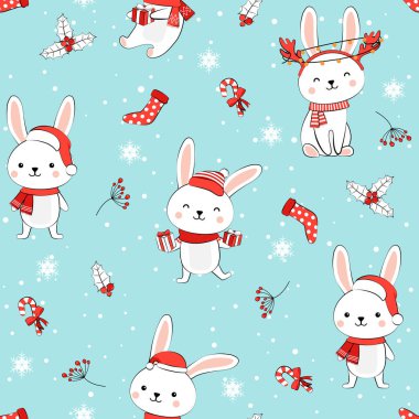 Tavşanlı Noel deseni, beyaz tavşanlı kış deseni, ambalaj kağıdı, kış selamları, web sayfası geçmişi, Noel ve yeni yıl tebrik kartları.