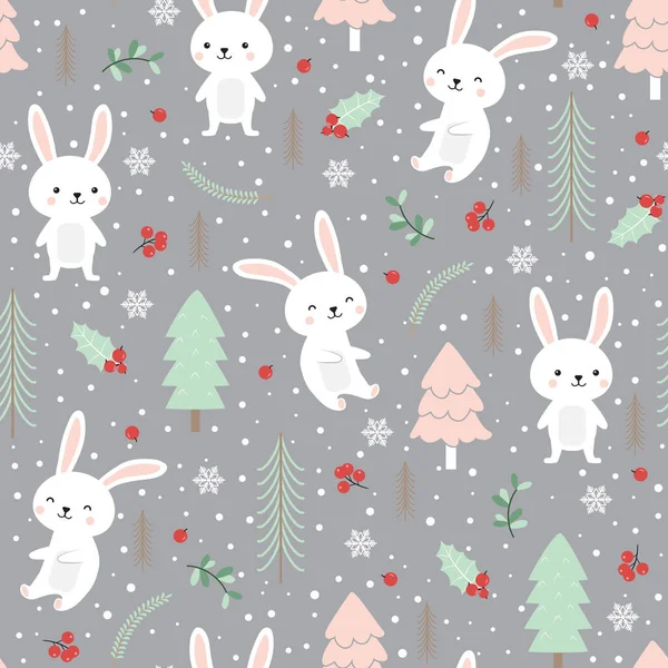 Різдвяний Безшовний Візерунок Білим Фоном Зимовий Візерунок Білим Кроликом Обгортання — стоковий вектор