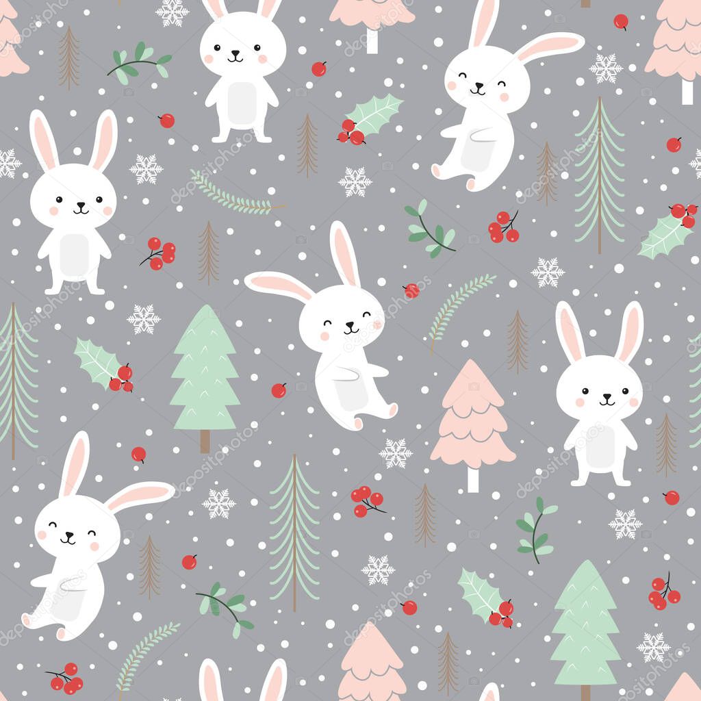 Christmas seamless pattern with bunny background, Winter pattern with white rabbit, wrapping paper, pattern fills, winter greetings, web page background, Christmas and New Year greeting cards