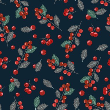 Christmas seamless pattern with holly berries background, Winter pattern with holly, wrapping paper, winter greetings, web page background, Christmas and New Year greeting cards clipart