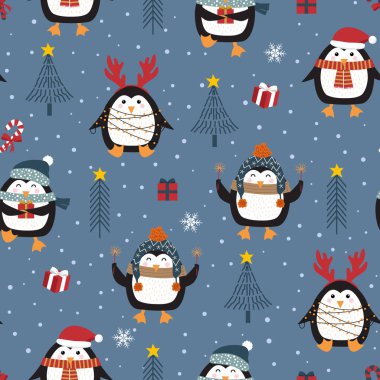 Penguen arkaplan, kış şablonu, ambalaj kağıdı, kış selamları, web sayfası geçmişi, Noel ve yeni yıl tebrik kartları.