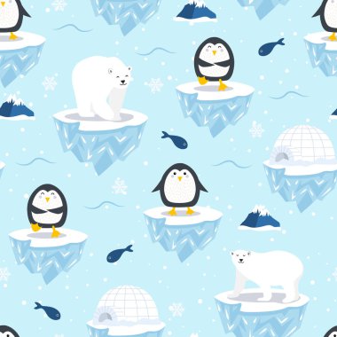 Buzullarda yüzen penguen, kutup ayılı kış deseni, ambalaj kağıdı, kış selamları, web sayfası geçmişi, Noel ve yeni yıl tebrik kartları.