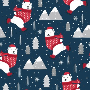 Kutup ayısı buz pateni geçmişine sahip kusursuz bir Noel deseni, beyaz ayı buz pateni ile kış deseni, ambalaj kağıdı, kış selamları, web sayfası geçmişi, Noel ve yeni yıl tebrik kartları