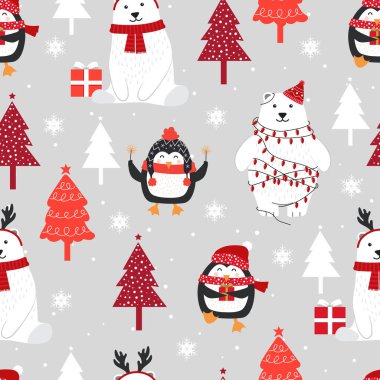 Kutup ayısı geçmişine sahip kusursuz Noel deseni, penguenli kış deseni, ambalaj kağıdı, kış selamları, web sayfası geçmişi, Noel ve yeni yıl tebrik kartları.