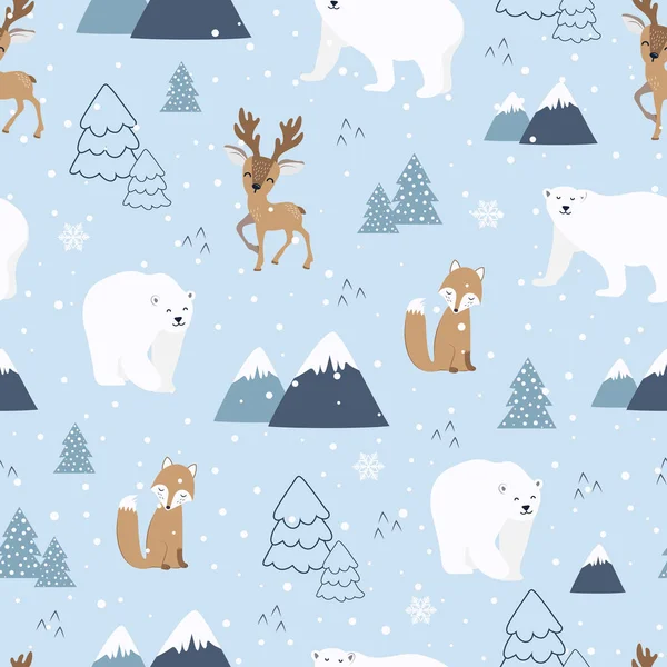 Kutup ayısı geçmişine sahip kusursuz Noel deseni geyik ve tilki desenli kış deseni ambalaj kağıdı, kış selamları, web sayfası geçmişi, Noel ve yeni yıl tebrik kartları.