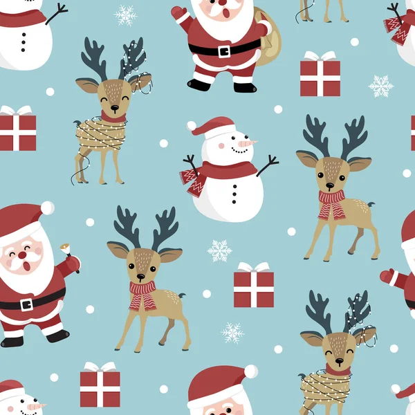 Noel Baba ve ren geyiği geçmişine sahip kusursuz bir Noel deseni kar taneli kış deseni, ambalaj kağıdı, kış selamları, web sayfası geçmişi, Noel ve yeni yıl tebrik kartları.