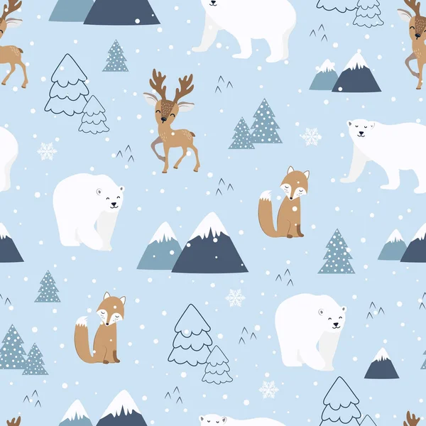 북극곰 배경이 크리스마스 솔기없는 사슴과 여우와 포장지 페이지 크리스마스와 로열티 프리 스톡 벡터
