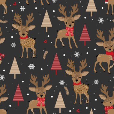 Ren geyiği geçmişi olan kusursuz bir Noel deseni geyik deseni, ambalaj kağıdı, kış selamlaşmaları, web sayfası geçmişi, Noel ve yeni yıl tebrik kartları.