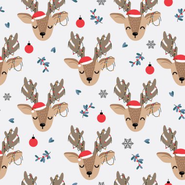 Ren geyiği geçmişine sahip kusursuz bir Noel deseni geyik ve dekorasyon ışıklarıyla kış deseni, ambalaj kağıdı, kış selamları, web sayfası geçmişi, Noel ve yeni yıl tebrik kartları