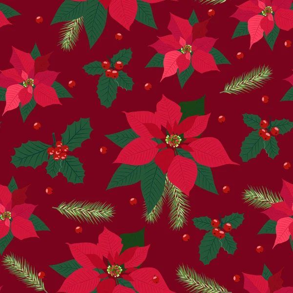 Modèle Sans Couture Noël Avec Fond Plante Poinsettia Motif Hiver — Image vectorielle