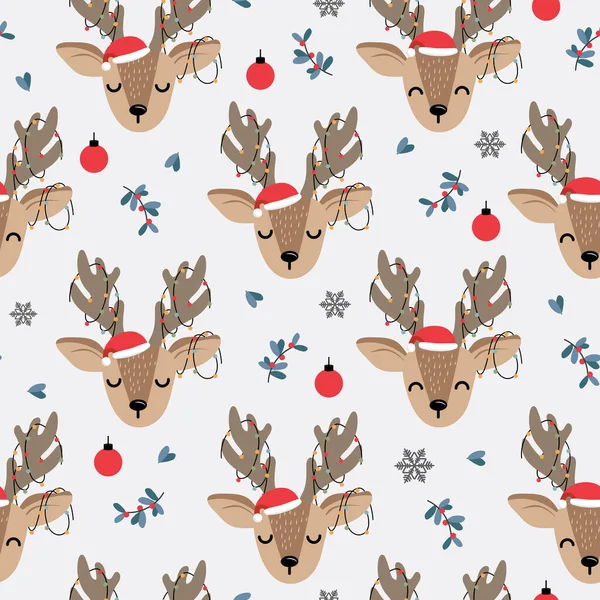 Ren geyiği geçmişine sahip kusursuz bir Noel deseni geyik ve dekorasyon ışıklarıyla kış deseni, ambalaj kağıdı, kış selamları, web sayfası geçmişi, Noel ve yeni yıl tebrik kartları
