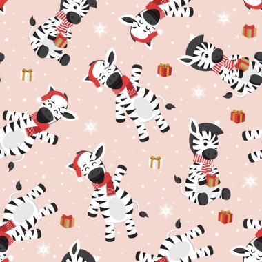 Zebra geçmişi olan kusursuz bir Noel şablonu, mutlu zebralı kış şablonu, ambalaj kağıdı, kış selamları, web sayfası geçmişi, Noel ve yeni yıl tebrik kartları