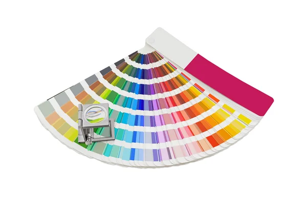 Büyüteç ayakta pantone palet üzerinde beyaz backgrou