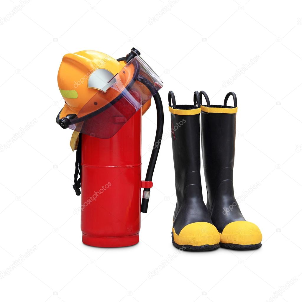 Helmet shoes and extinguisher