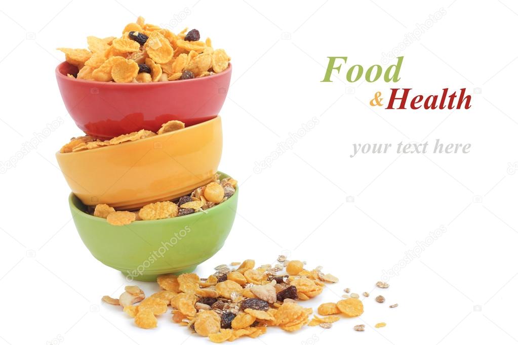 corn flakes in colorful bowl (with sample text)